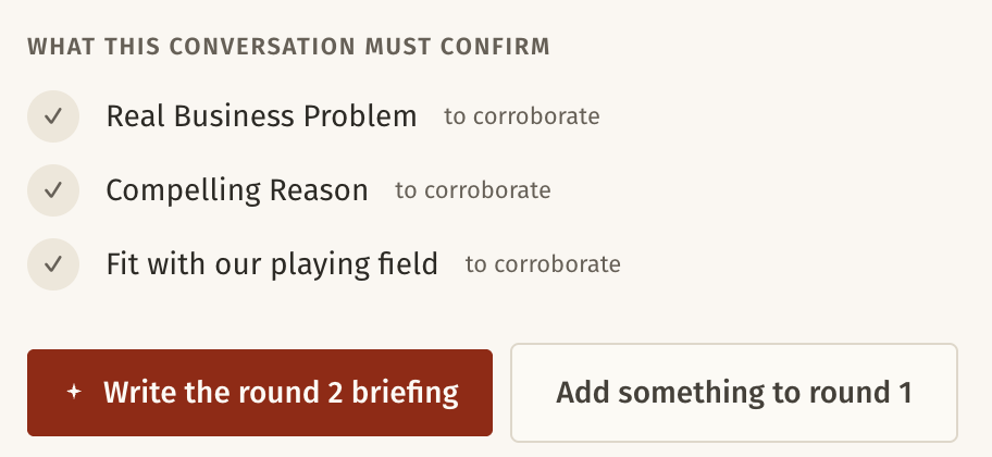 A Switch briefing listing what the next conversation must confirm, with the option to write the round 2 briefing.